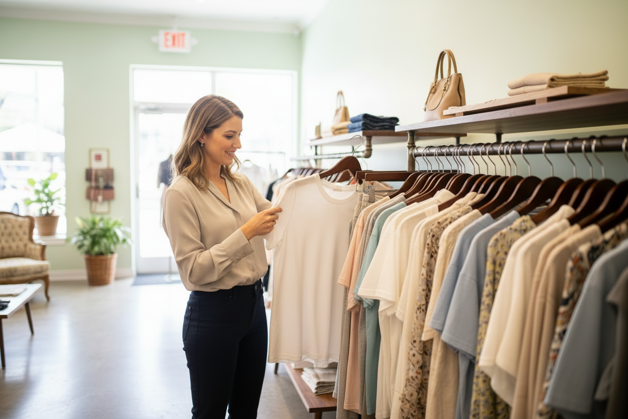Two people browsing clothing together in a bright boutique
